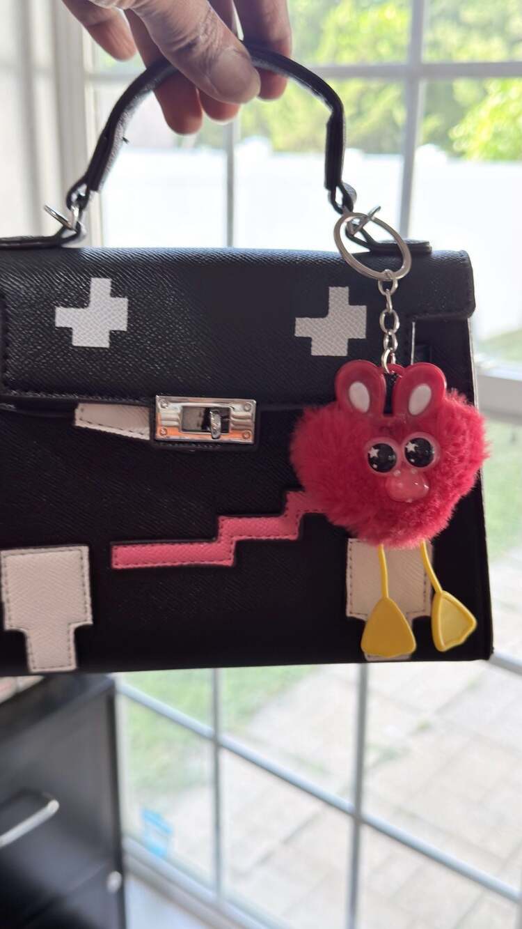 Pixel Art Robot Face Mini Crossbody Bag with Furry Creature Keychain